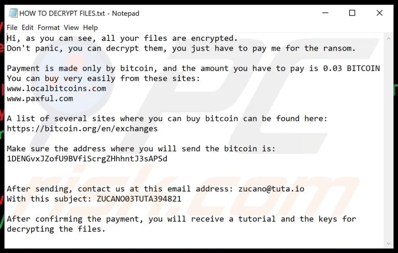 ZuCaNo ransomware text file (HOW TO DECRYPT FILES.txt)