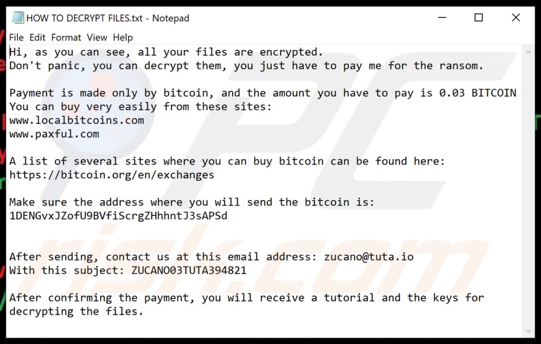 ZuCaNo ransomware text file (HOW TO DECRYPT FILES.txt)