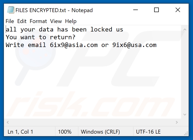 6ix9 ransomware text file (FILES ENCRYPTED.txt)