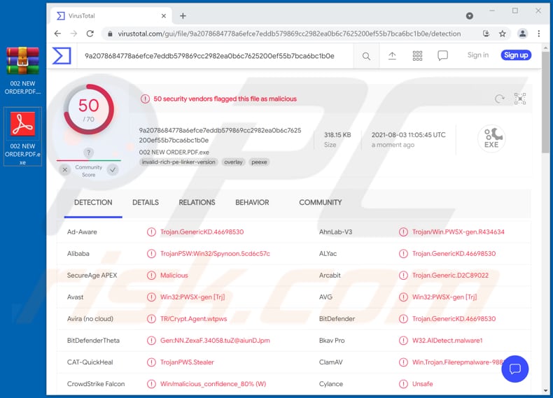 assurance certificates email virus 002 new order pdf exe file virustotal detecions