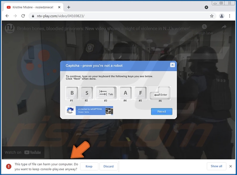 B, S, Tab, A, F, Enter CAPTCHA scam displayed on a video