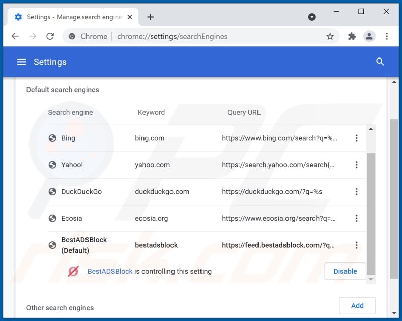 Removing bestadsblock.com from Google Chrome default search engine