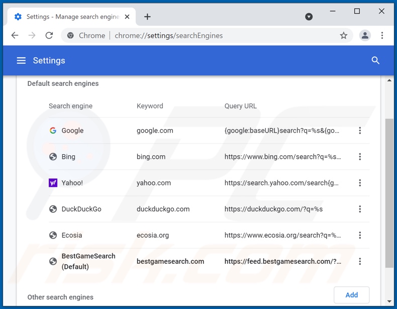 Removing bestgamesearch.com from Google Chrome default search engine