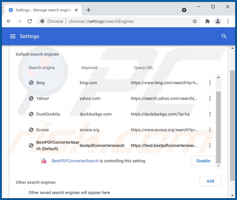 Removing bestpdfconvertersearch.com from Google Chrome default search engine
