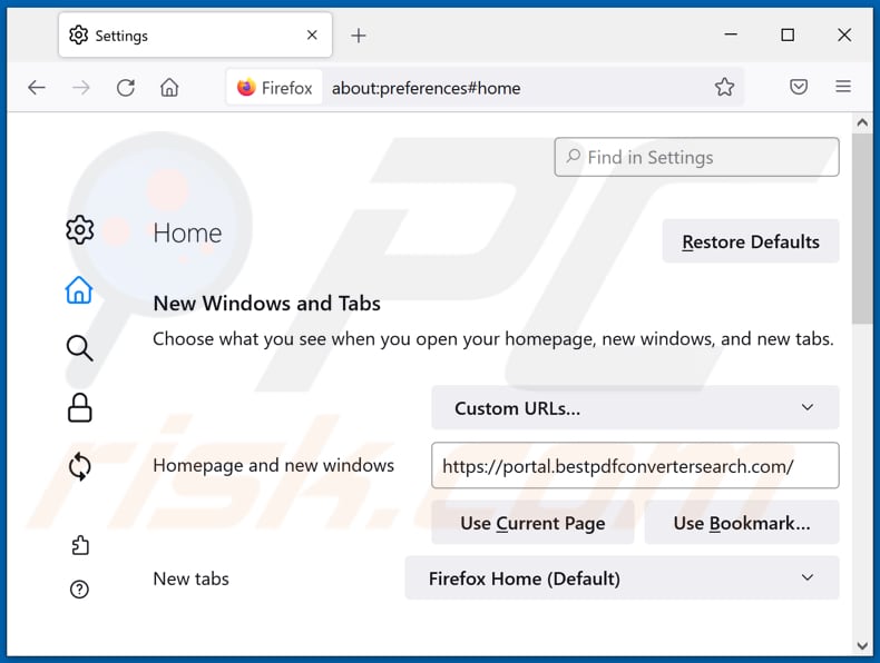 Removing bestpdfconvertersearch.com from Mozilla Firefox homepage
