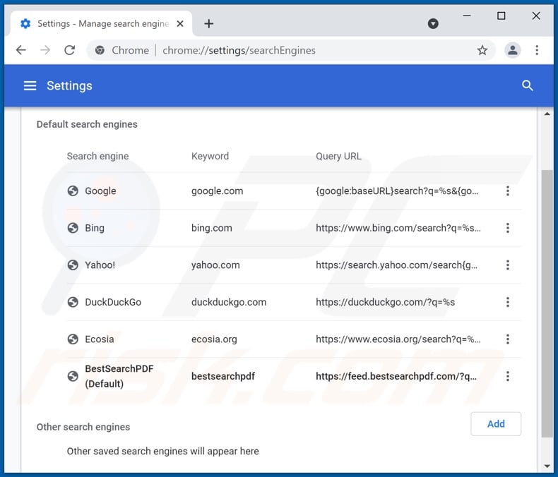 Removing bestsearchpdf.com from Google Chrome default search engine