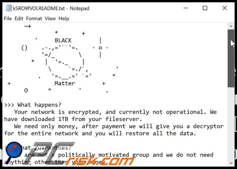 BlackMatter ransomware text file GIF ([random_string].README.txt)