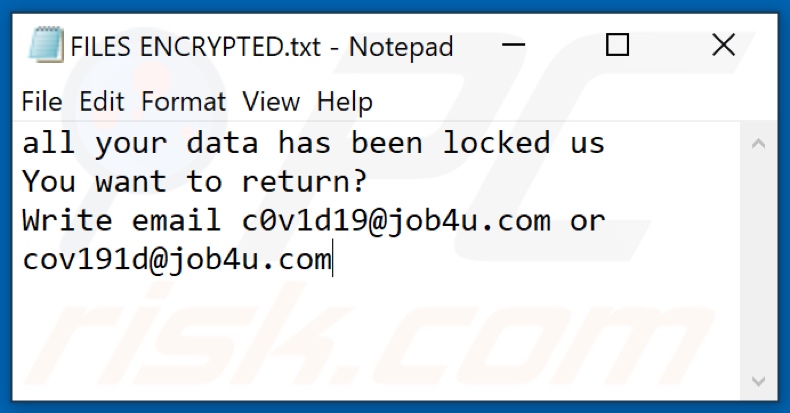C0v ransomware text file (FILES ENCRYPTED.txt)