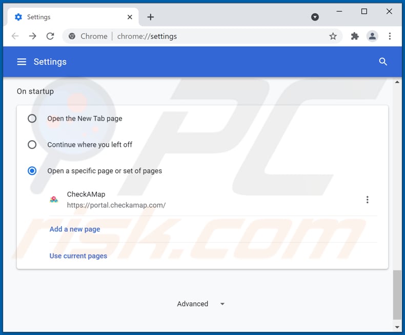Removing checkamap.com from Google Chrome homepage
