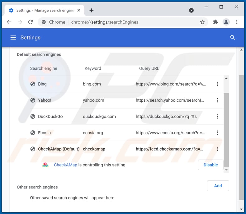 Removing checkamap.com from Google Chrome default search engine