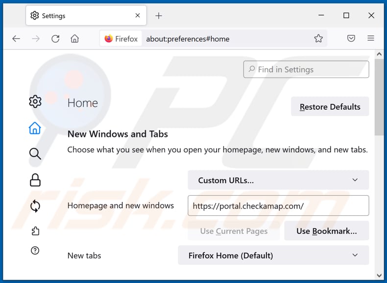 Removing checkamap.com from Mozilla Firefox homepage