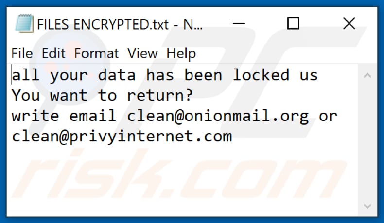 CLEAN ransomware text file (FILES ENCRYPTED.txt)