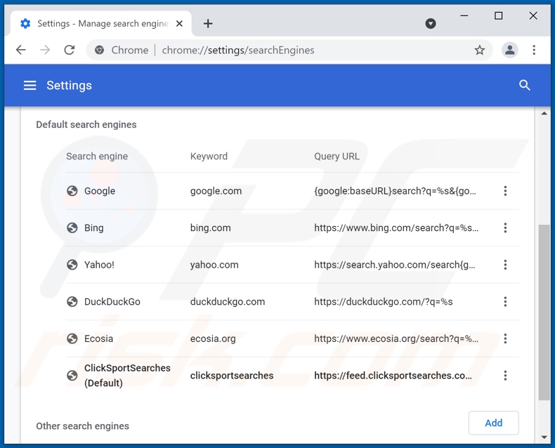 Removing clicksportsearches.com from Google Chrome default search engine