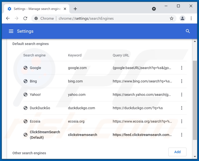Removing clickstreamsearch.com from Google Chrome default search engine
