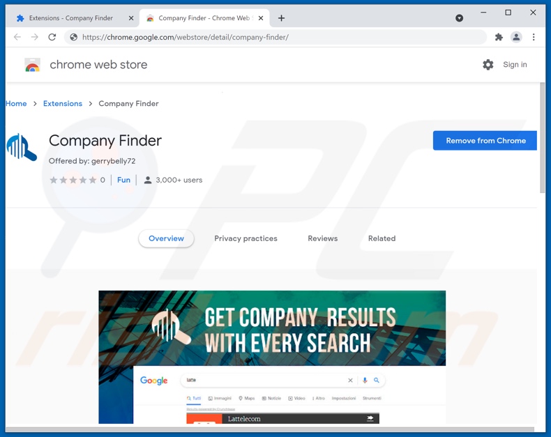 Company Finder adware on Chrome Web Store