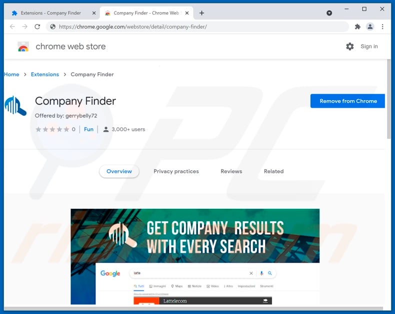 Company Finder adware on Chrome Web Store