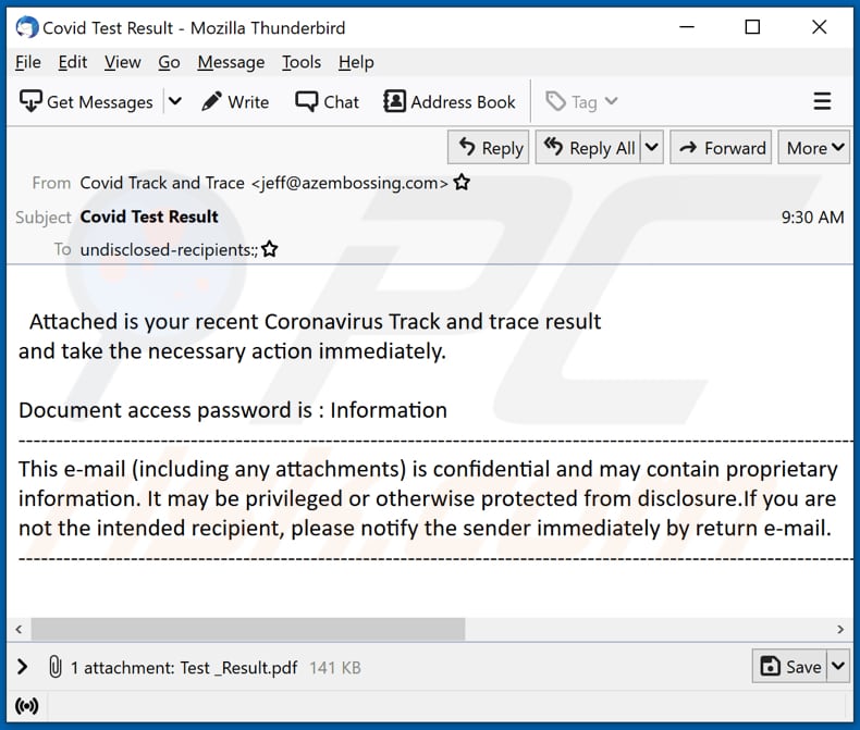 Coronavirus Track and trace result email virus malware-spreading email spam campaign