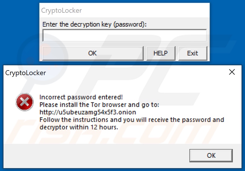 CryptoLocker (Xorist) ransomware decryption password pop-up