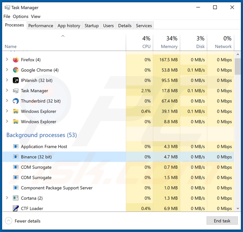 Destel Group email virus process on Task Manager (process name disguised as - Binance)