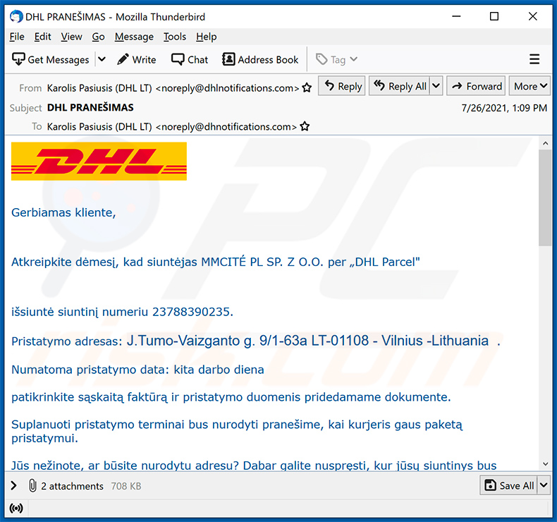 Lithuanian variant of DHL-themed spam email