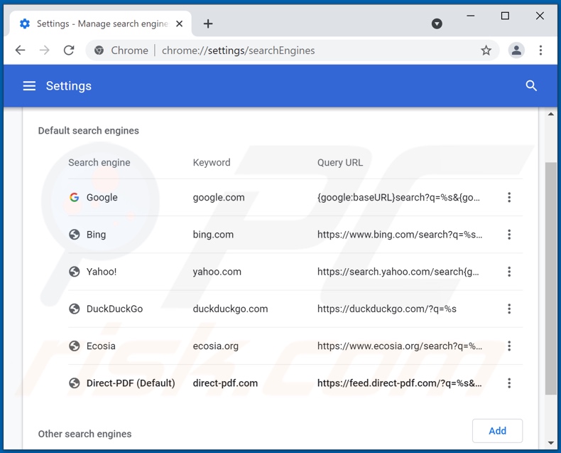 Removing direct-pdf.com from Google Chrome default search engine
