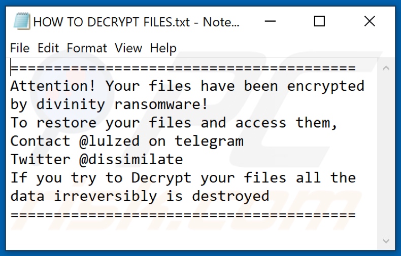 Divinity ransomware text file (HOW TO DECRYPT FILES.txt)