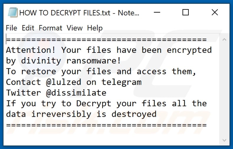 Divinity ransomware text file (HOW TO DECRYPT FILES.txt)