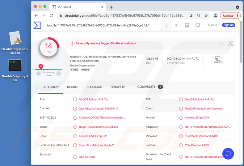 FlexibleOrigin adware detections on VirusTotal