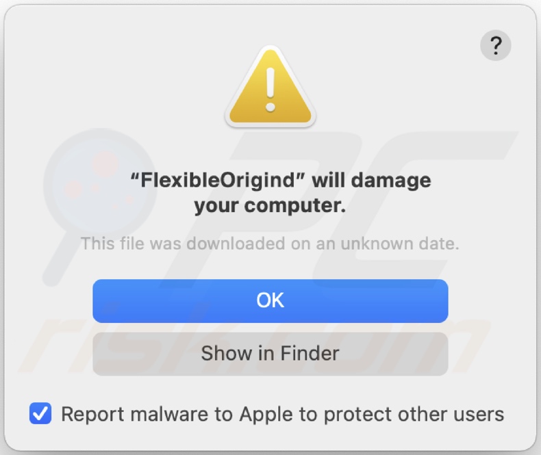 Pop-up displayed when FlexibleOrigin adware is detected on the system