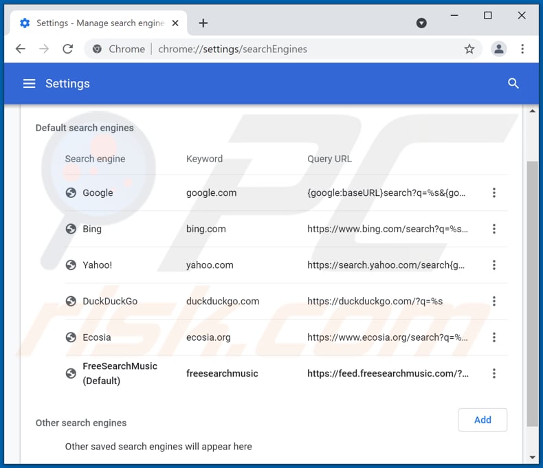 Removing freesearchmusic.com from Google Chrome default search engine