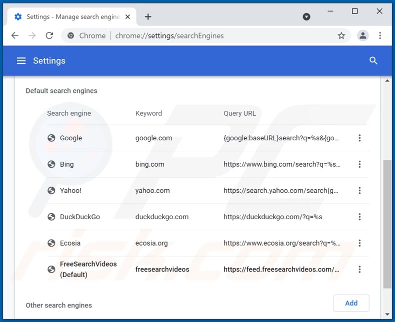 Removing freesearchvideos.com from Google Chrome default search engine
