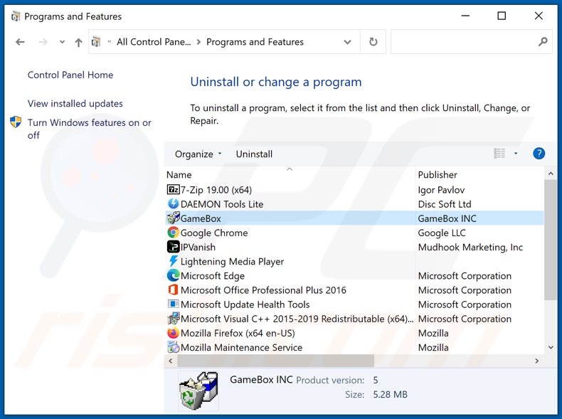 GameBox adware uninstall via Control Panel