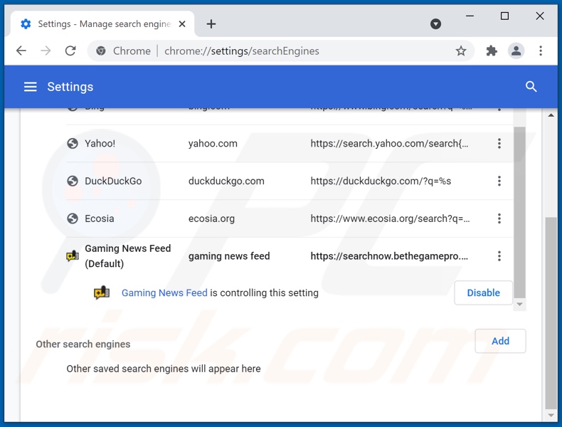 Removing bethegamepro.com from Google Chrome default search engine