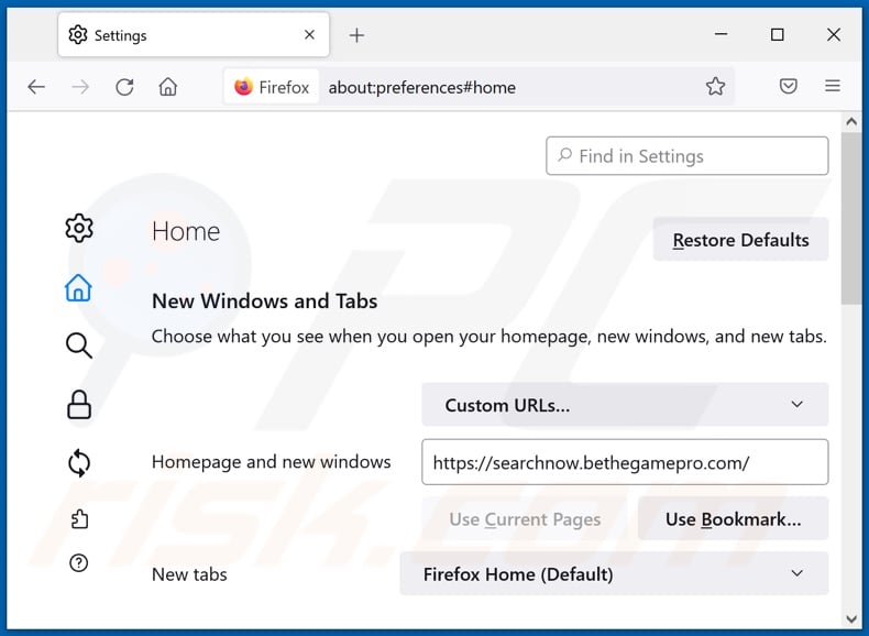 Removing bethegamepro.com from Mozilla Firefox homepage