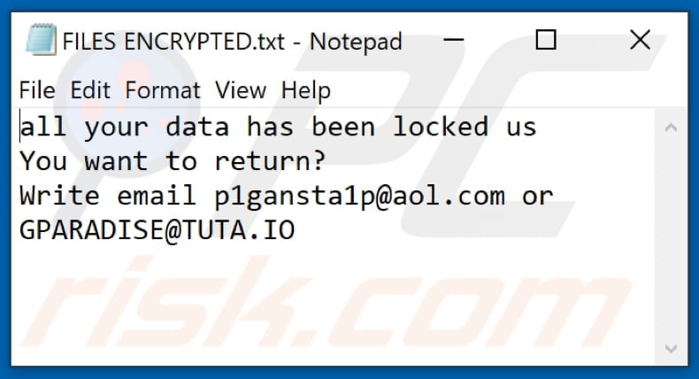 GanP ransomware text file (FILES ENCRYPTED.txt)