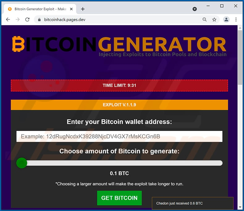 Generate Bitcoins scam website (bitcoinhack.pages.dev)