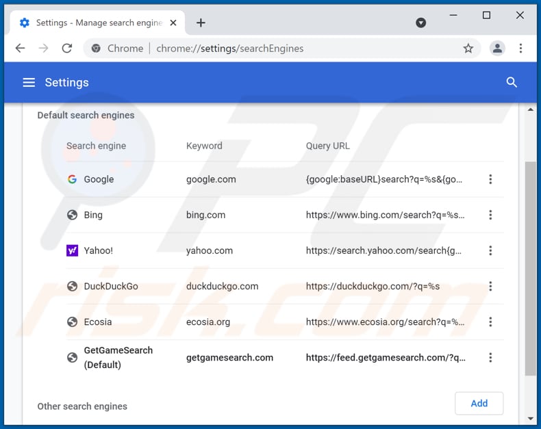 Removing getgamesearch.com from Google Chrome default search engine