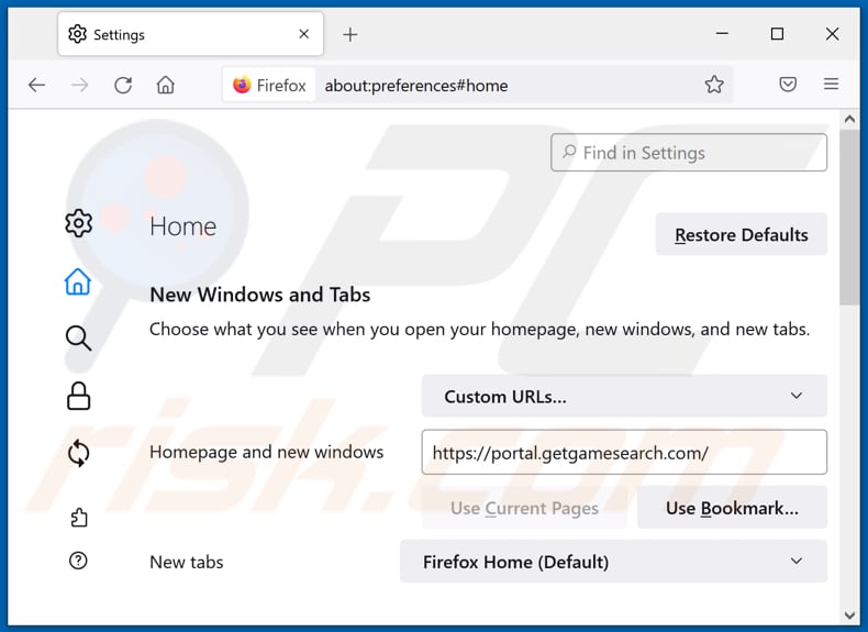 Removing getgamesearch.com from Mozilla Firefox homepage