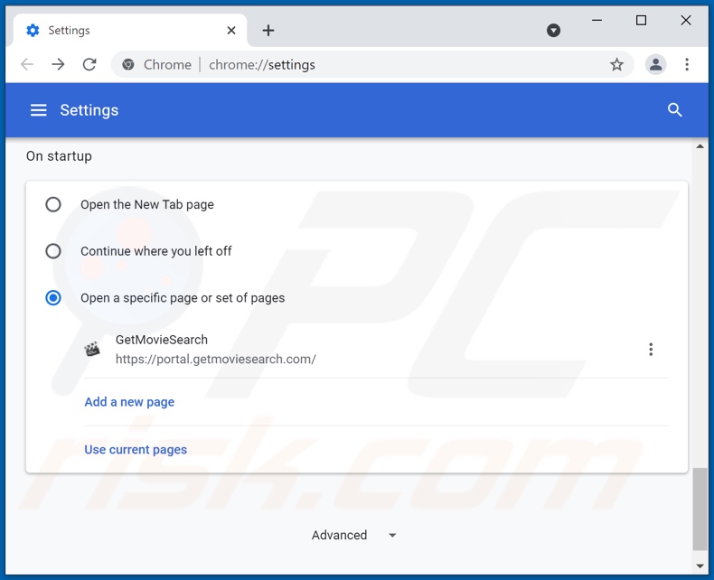 Removing getmoviesearch.com from Google Chrome homepage