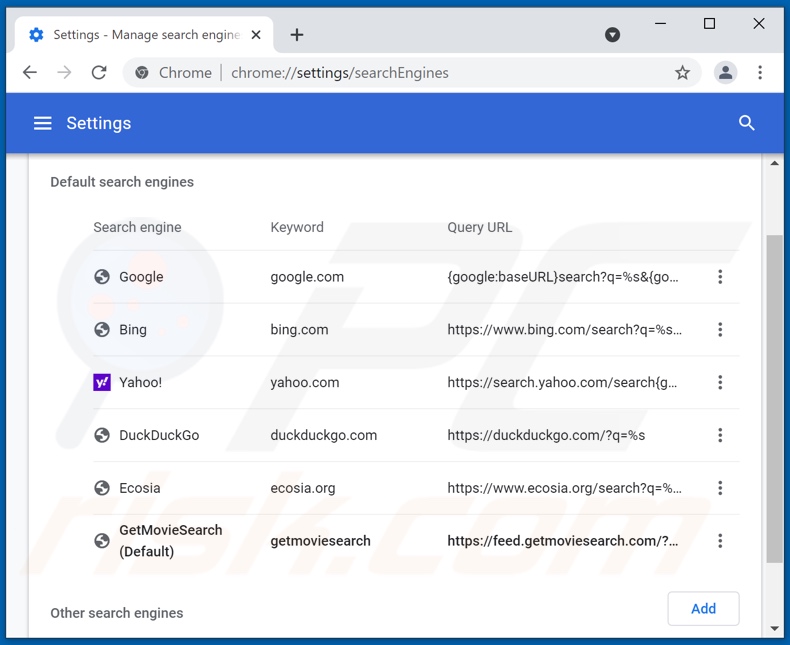 Removing getmoviesearch.com from Google Chrome default search engine