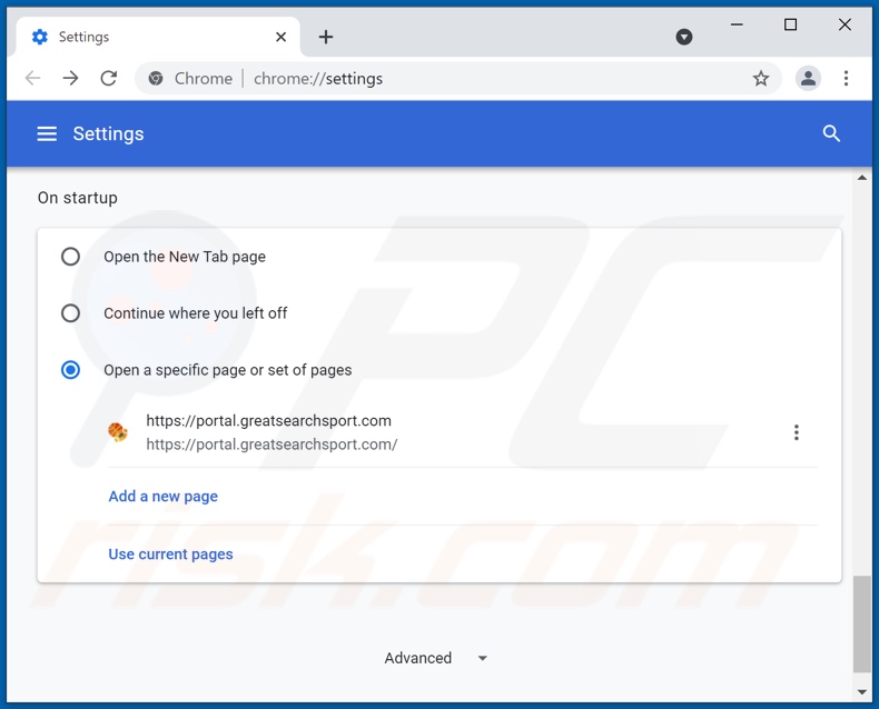 Removing greatsearchsport.com from Google Chrome homepage