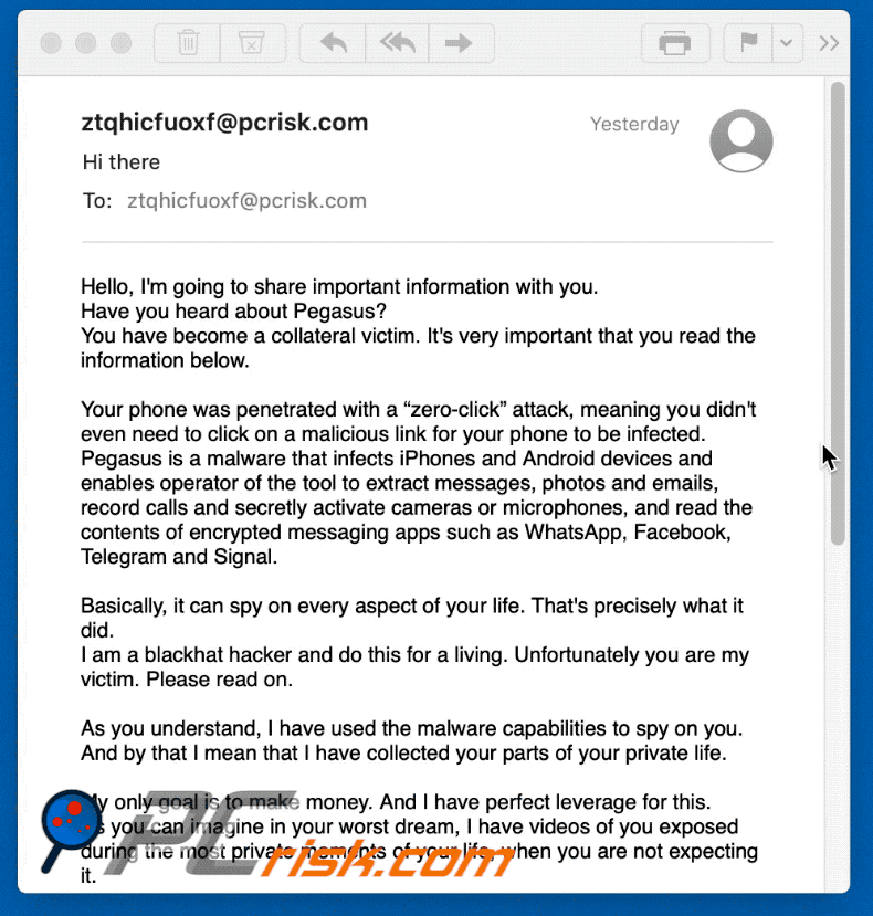 Have you heard about Pegasus? email scam appearance (GIF)