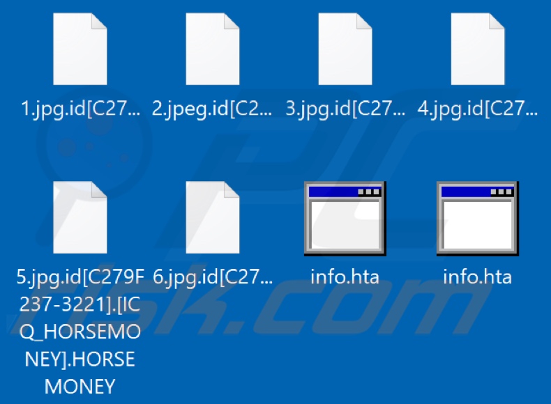 Files encrypted by HORSEMONEY ransomware (.HORSEMONEY extension)
