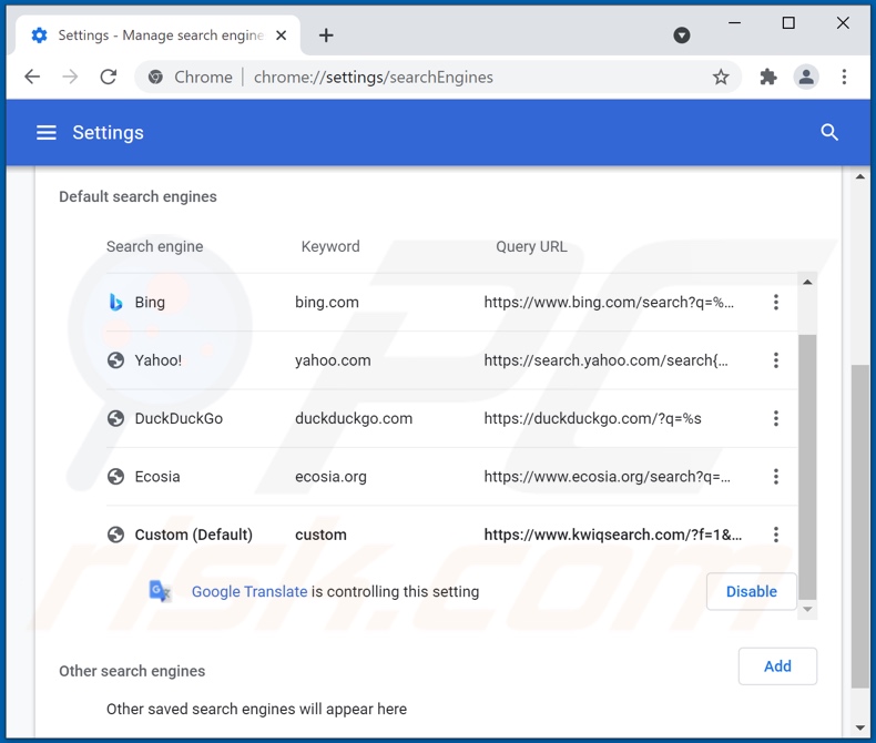 Removing kwiqsearch.com from Google Chrome default search engine