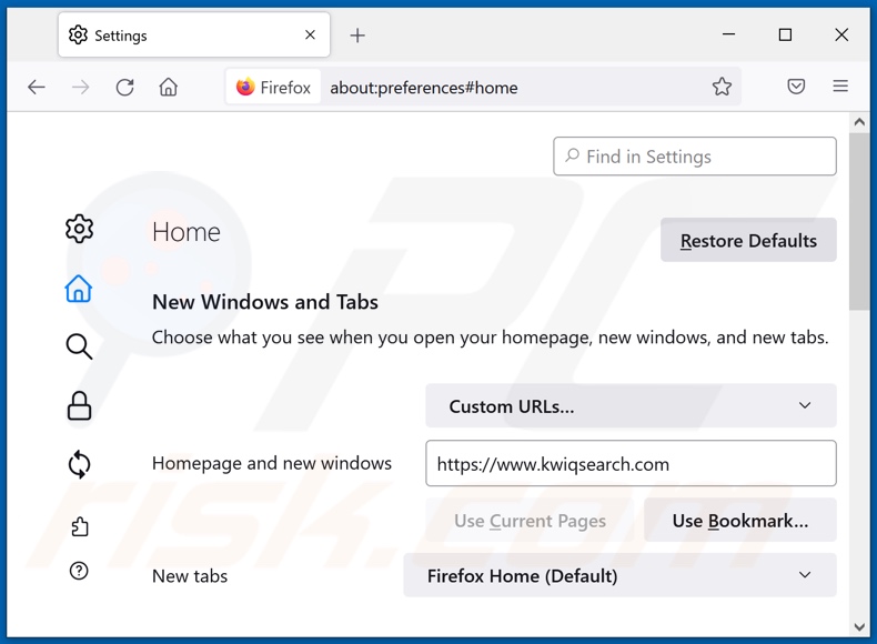 Removing kwiqsearch.com from Mozilla Firefox homepage