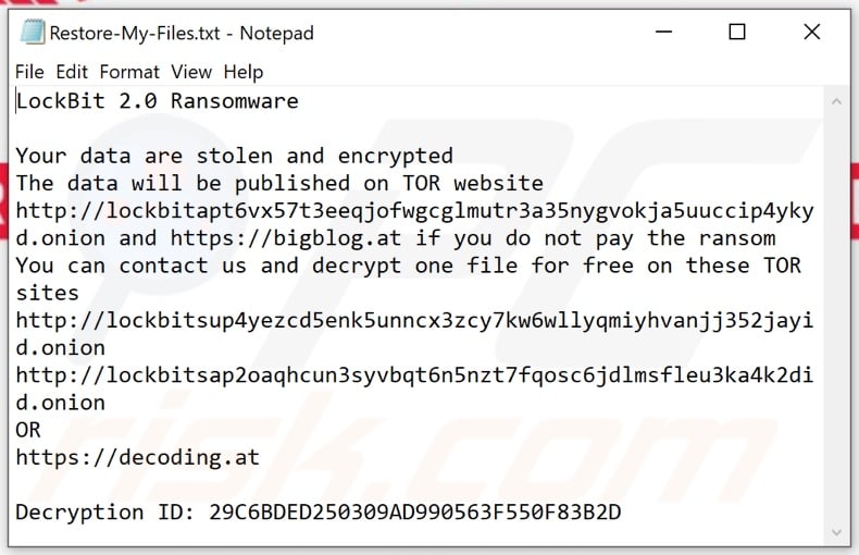 LockBit 2.0 ransomware text file (Restore-My-Files.txt)