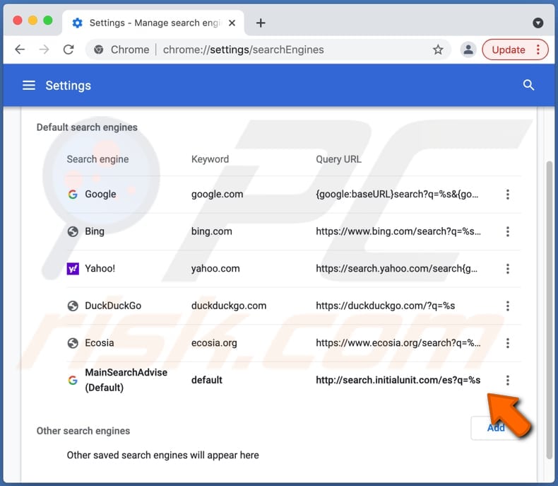 mainsearchadvise browser hijacker search.initialunit.com as the default search engine