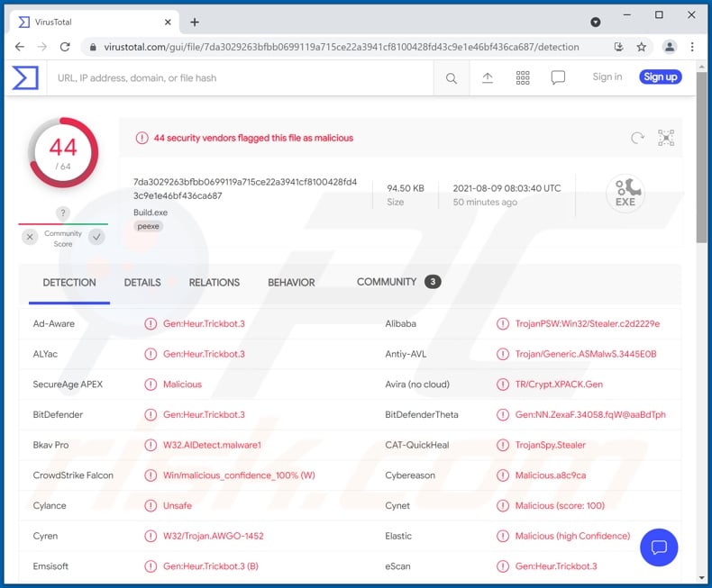 Mars malware detections on VirusTotal