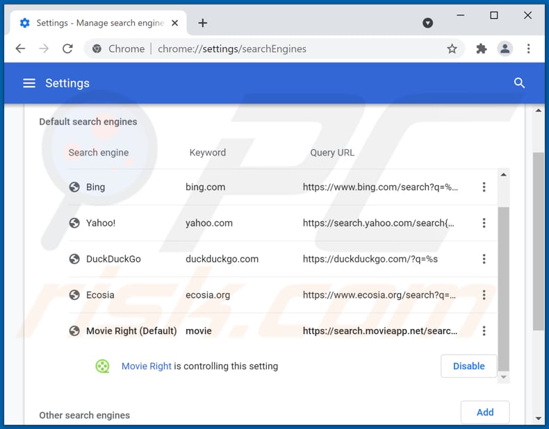 Removing search.movieapp.net from Google Chrome default search engine