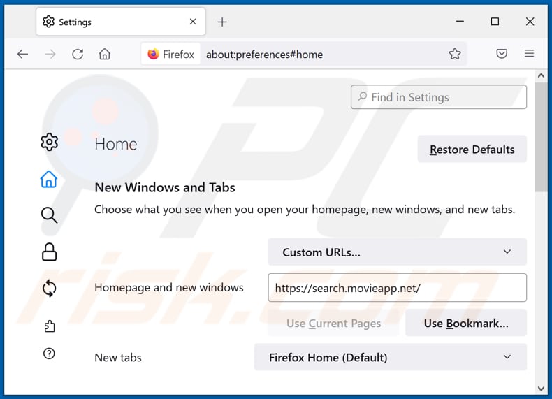 Removing search.movieapp.net from Mozilla Firefox homepage